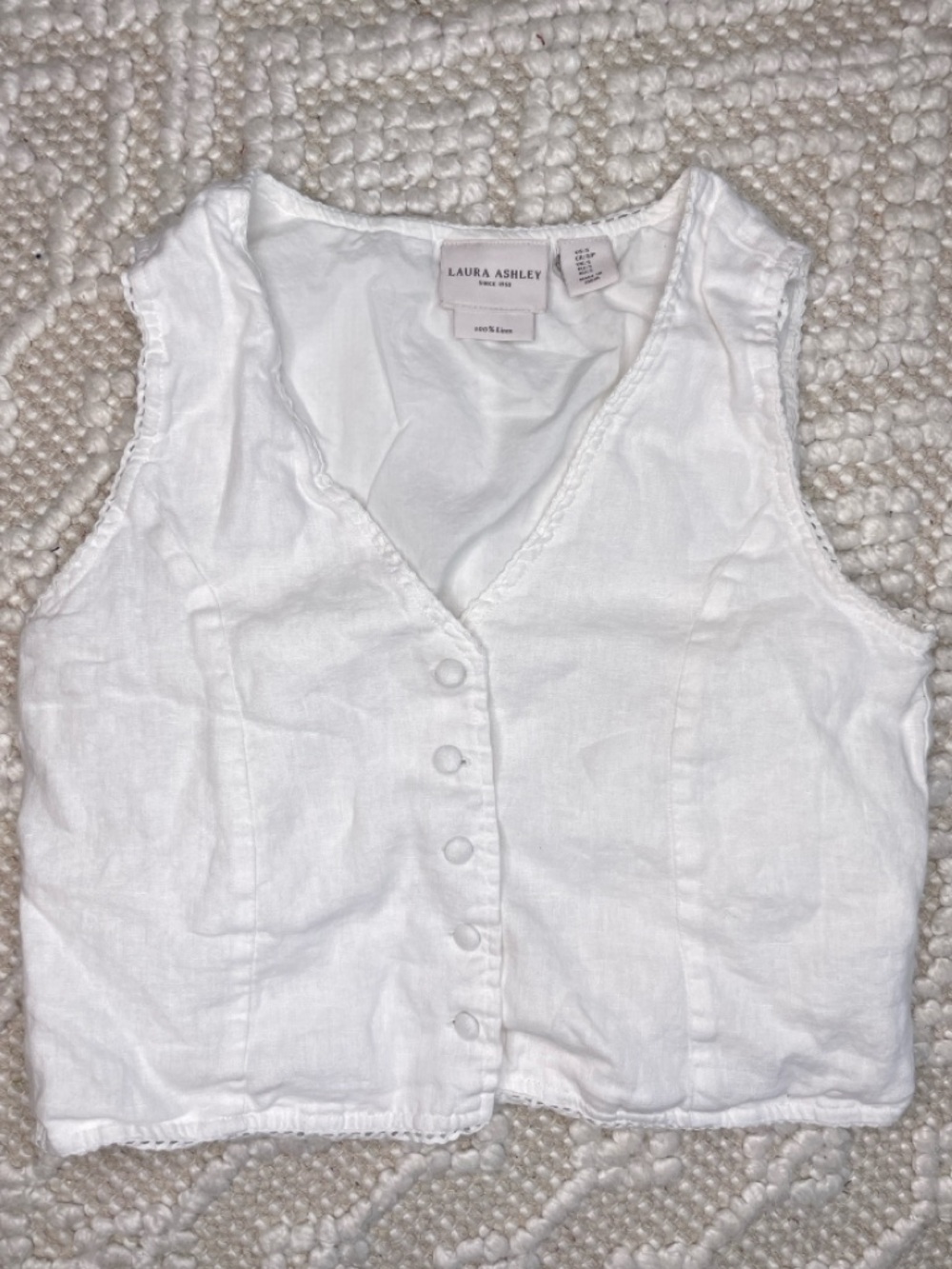 Laura Ashley White Linen V-Neck Button Vest